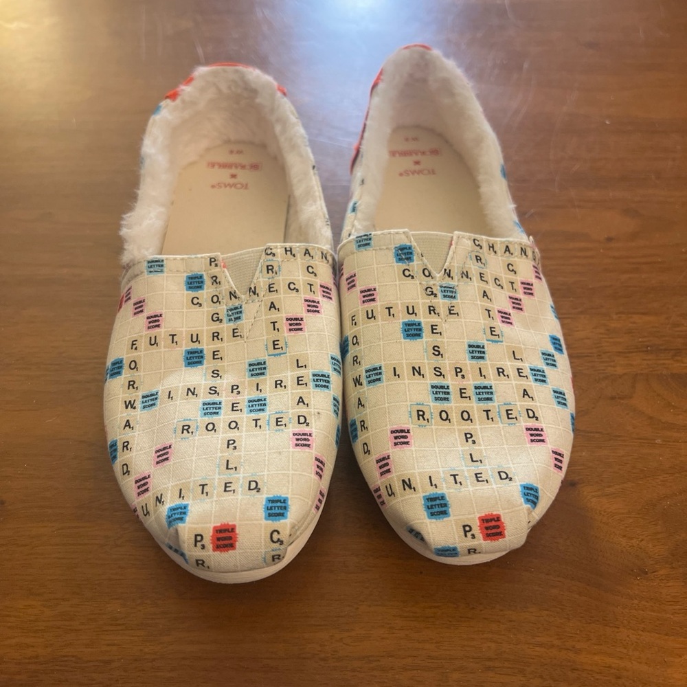 Toms x Scrabble Slip On Casual Alpargata Flats Faux‎ Fur Lined Womens 8